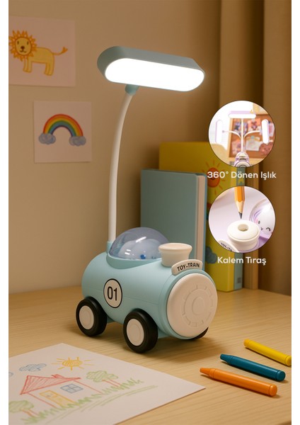 Sevimli Tren, 360 Dönen Kalem Traşlı LED Gece Lambası - Mavi