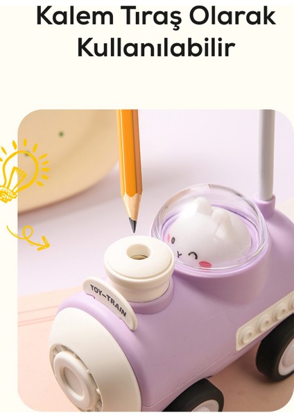 Sevimli Tren, 360 Dönen Kalem Traşlı LED Gece Lambası - Mavi