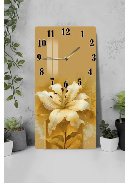 Renkli Lilyum Çiçek Desenli Temperli Cam Tablo Saat 30X60 cm