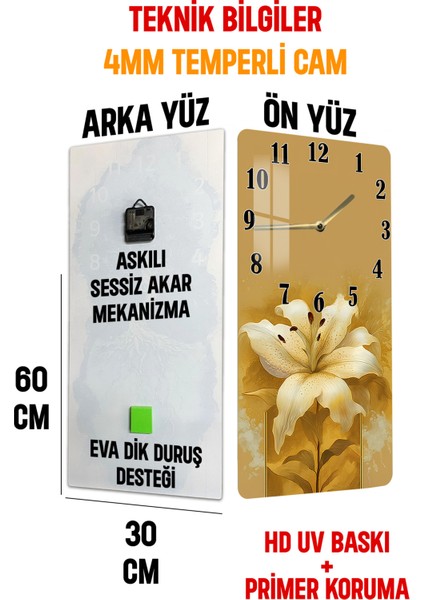 Renkli Lilyum Çiçek Desenli Temperli Cam Tablo Saat 30X60 cm