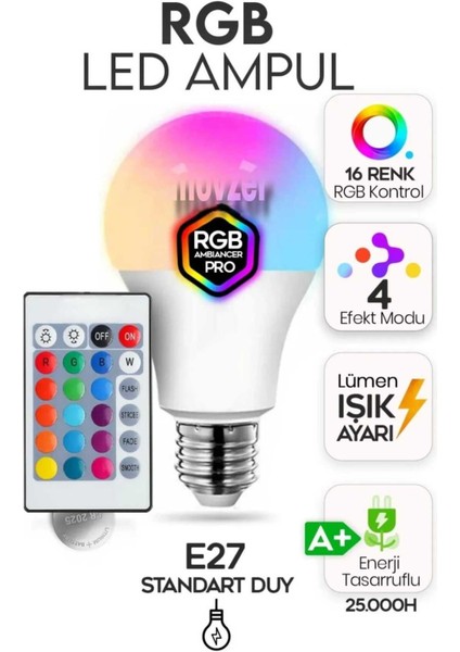 Renkli Rgb LED Ampul, Kumandalı, Enerji Tasarruflu, Çok Renk Seçenekli