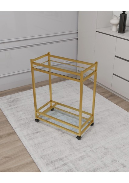 Çok Amaçlı Tekerlekli Sunum ve Yan Sehpa, Cam Raflı, Gold Metal Iskeletli fırsatları