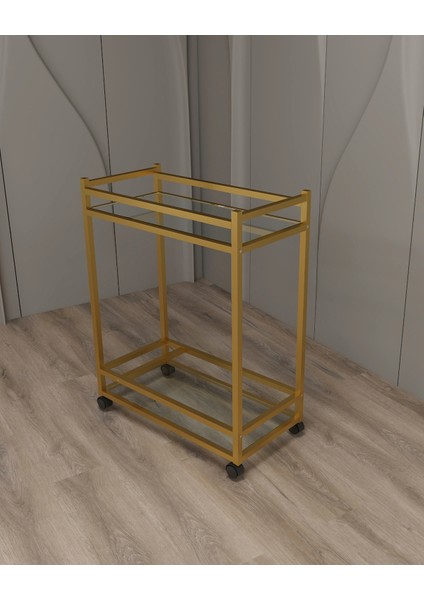 Çok Amaçlı Tekerlekli Sunum ve Yan Sehpa, Cam Raflı, Gold Metal Iskeletli indirimleri