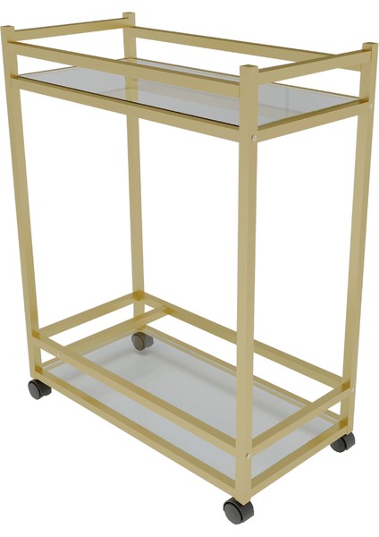 Çok Amaçlı Tekerlekli Sunum ve Yan Sehpa, Cam Raflı, Gold Metal Iskeletli