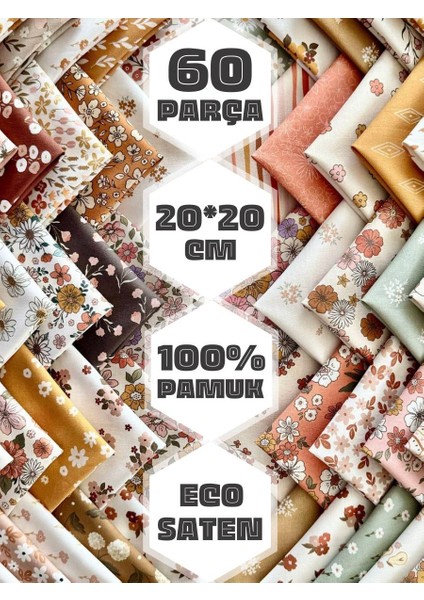 Patchwork Kumaş Seti – 60 Adet 20X20 cm | %100 Pamuk Saten | El Işi, Dikiş, Quilting ve Hobi Için