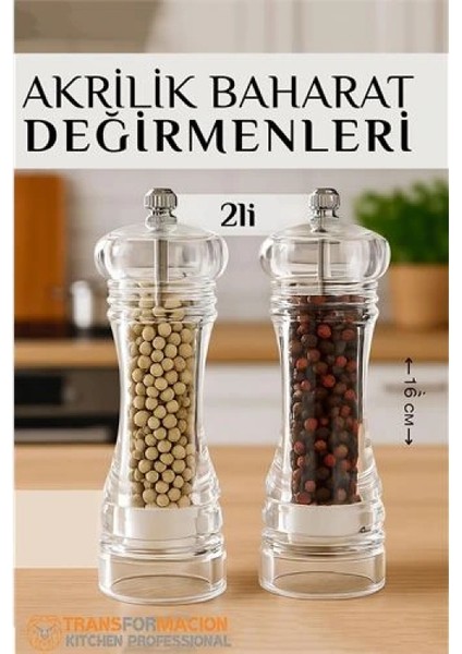 Modacar Baharat Öğütücü - Baharat Karabiber Tuz Değirmeni Ahşap Akrilik Kristal 2 Li Set