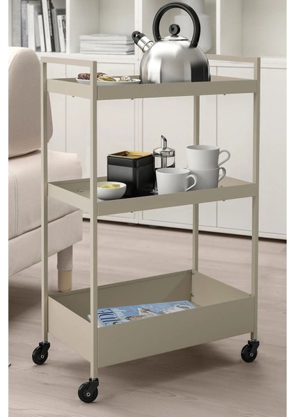 Bej Çelik 3 Katlı Tekerlekli Servis Arabası, Raflı, Hafif ve Dayanıklı