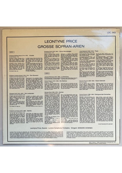 Grosse Sopran Arien Leontyne Price London Symphony Orchestra Edward Downes Lp Plak (Orijinal Dönem Alman Baskı Plak) fiyatları