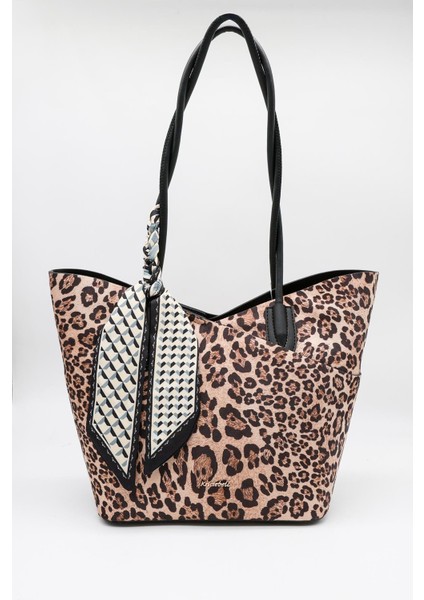 Marka Ithal Fularlı Bayan Kol Çanta KB763 Leopar Siyah