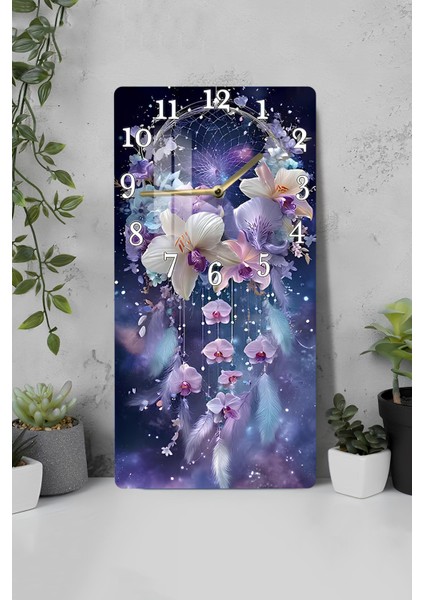 Rüya Kapanı ve Çiçek Tüy Desenli 30X60 cm Temiz Cam Tablo Saat