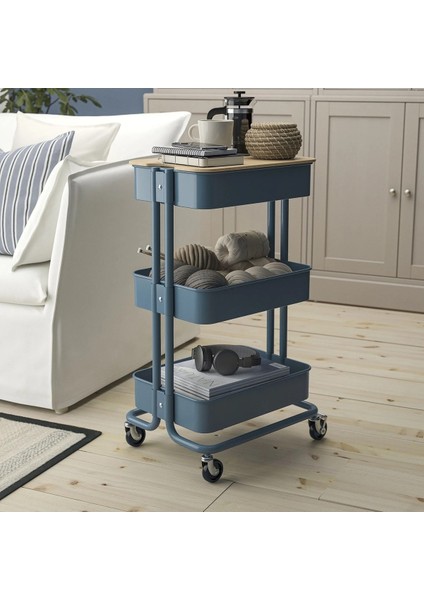 Gri-Mavi Kapaklı Servis Arabası, 35X45X77 Cm, Şık ve Kullanışlı Tasarım