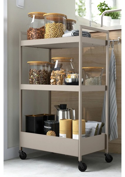 Bej Çelik 3 Katlı Tekerlekli Servis Arabası, Raflı, Hafif ve Dayanıklı modelleri