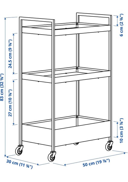 Bej Çelik 3 Katlı Tekerlekli Servis Arabası, Raflı, Hafif ve Dayanıklı