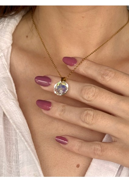 Kadın Çelik Kolye – Pırlanta Kesim Işıltılı Daire Taş Detaylı Minimalist Tasarım