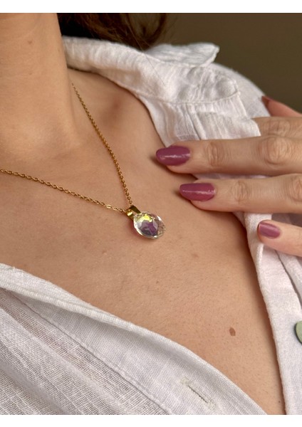 Kadın Çelik Kolye – Pırlanta Kesim Işıltılı Daire Taş Detaylı Minimalist Tasarım fiyatları