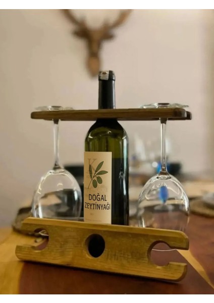Doğal Ceviz Renkli Ahşap Mini Bar Standı, Şişelik ve Kadehlik, Masaüstü Dekor