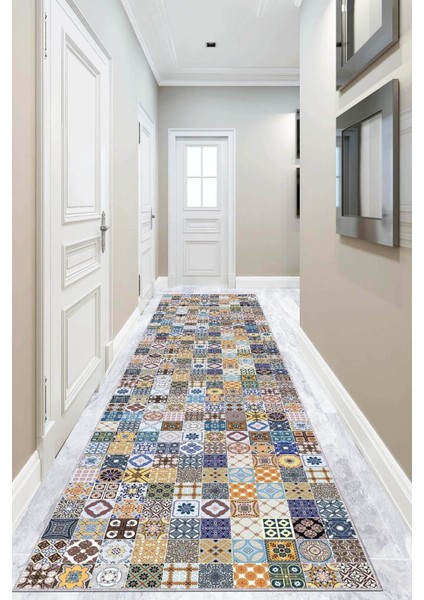 Mavi Çini Desenli Kaymaz Tabanlı Rulo Yolluk, Şık ve Dayanıklı Ev Dekorasyonu