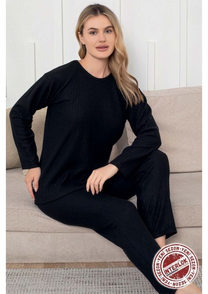 Kalın Kışlık Interlok Şeritli Uzun Kollu Örme Pijama Takımı