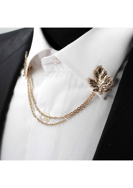 Gold Renk Yaprak Desenli Zincirli Gömlek & Ceket & Damatlık & Yaka Iğnesi
