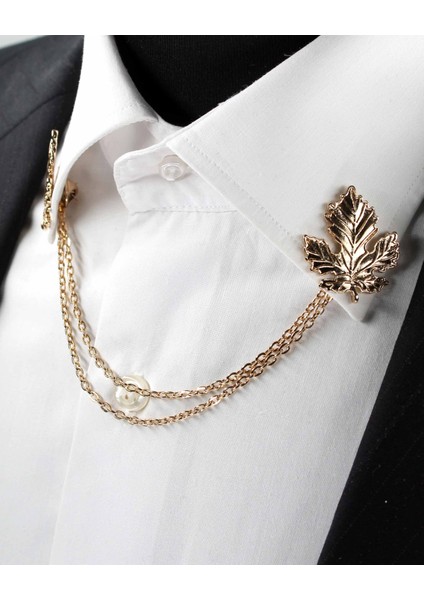 Gold Renk Yaprak Desenli Zincirli Gömlek & Ceket & Damatlık & Yaka Iğnesi fiyatları
