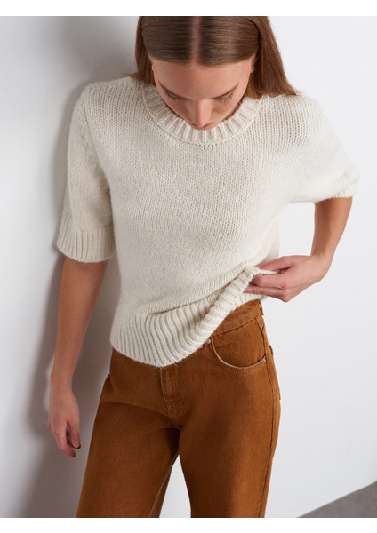10821 Bisiklet Yaka Kısa Kollu Triko Kazak-Ekru modelleri
