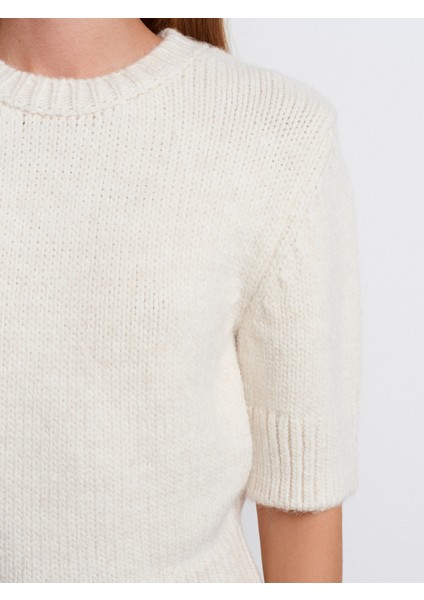 10821 Bisiklet Yaka Kısa Kollu Triko Kazak-Ekru fırsatları