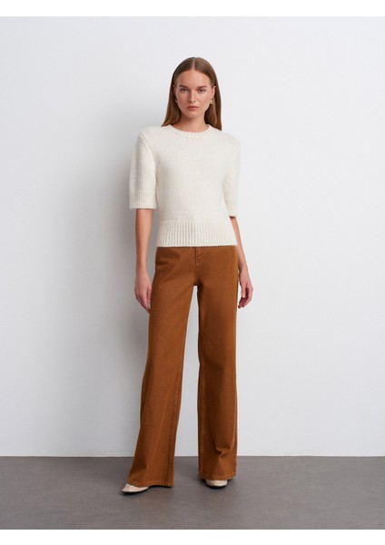 10821 Bisiklet Yaka Kısa Kollu Triko Kazak-Ekru indirimleri