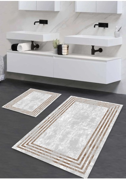 Yıkanabilir Kaymaz Pamuk Dokuma Banyo Paspası Çerçeveli 60X100, 50X60, 2'li Set