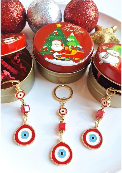 Lüks Yeni Yıl Hediyesi 3'lü Metal Kutuda Büyük Nazar Boncuklu Kırmızı Anahtarlık