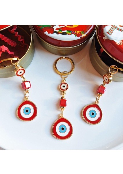 Lüks Yeni Yıl Hediyesi 3'lü Metal Kutuda Büyük Nazar Boncuklu Kırmızı Anahtarlık fiyatları