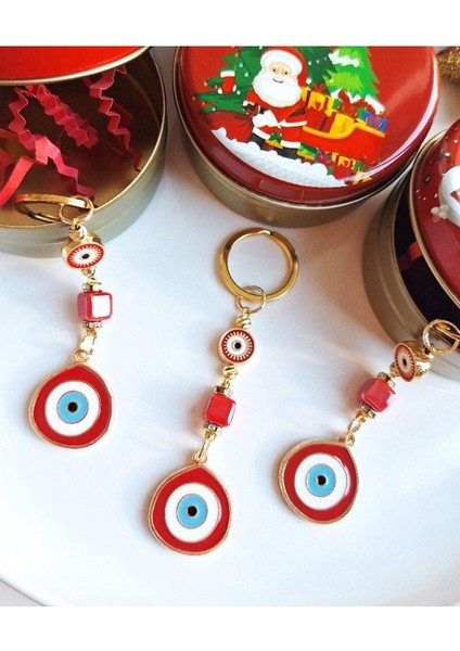 Lüks Yeni Yıl Hediyesi 3'lü Metal Kutuda Büyük Nazar Boncuklu Kırmızı Anahtarlık fırsatları