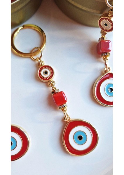 Lüks Yeni Yıl Hediyesi 3'lü Metal Kutuda Büyük Nazar Boncuklu Kırmızı Anahtarlık
