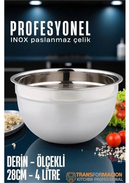 Modacar Inox Ölçekli Derin Kase - 28 cm 4 Litre Karıştırma Kabı Profesyonel 304 Paslanmaz Çelik