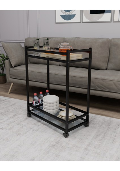 Çok Amaçlı Tekerlekli Sunum ve Yan Sehpa, Cam Raflı Tekerlekli Sehpa