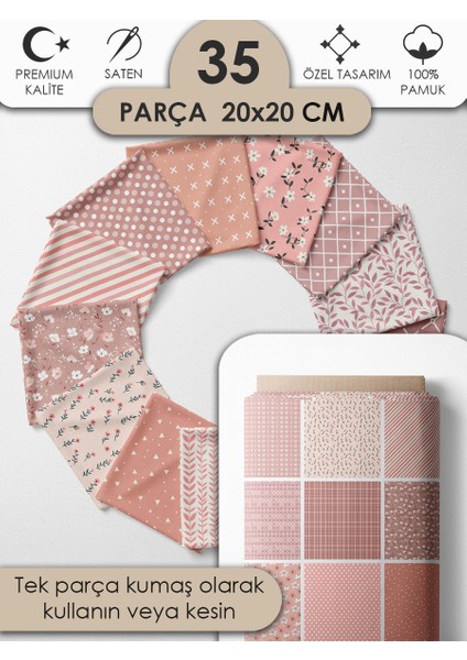 Patchwork Kumaş Seti – 35 Desen 20X20 cm | %100 Pamuk Saten | Tek Parça Kumaş | Dikiş, El Işi ve Quilting Için Özel Tasarım