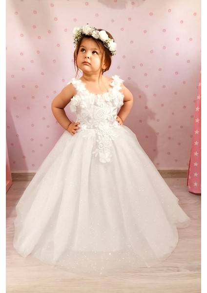 Kız Çocuk Çiçek Detaylı Prenses Abiye Elbise
