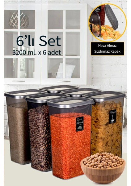 6 Adet 12 Parça 3,2 Litre Mega Boy Dikdörtgen Erzak Bakliyat Saklama Kabı Seti 20 Etiket Hediyeli