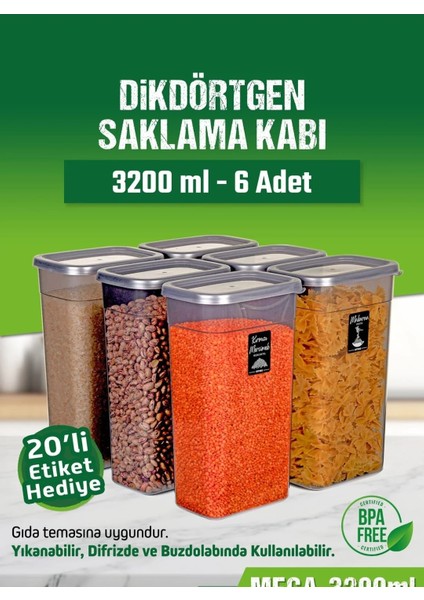 6 Adet 12 Parça 3,2 Litre Mega Boy Dikdörtgen Erzak Bakliyat Saklama Kabı Seti 20 Etiket Hediyeli fiyatları