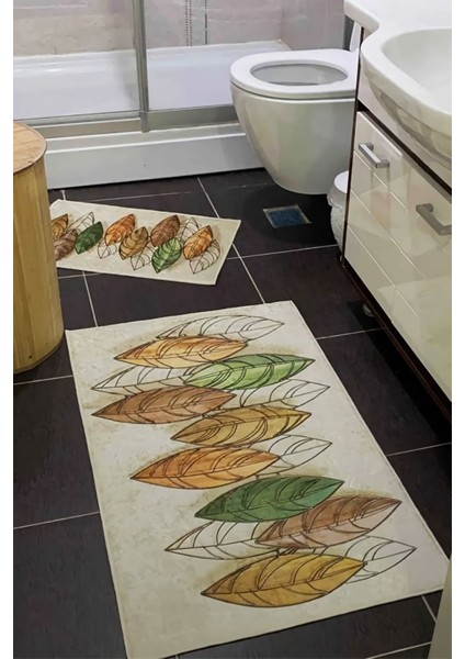 Yaprak Desenli Banyo Paspası ve Klozet Takımı, Kaymaz Tabanlı, 2'li Set