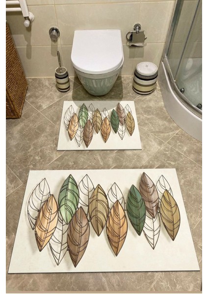 Yaprak Desenli Banyo Paspası ve Klozet Takımı, Kaymaz Tabanlı, 2'li Set fiyatları