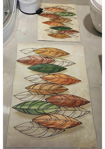 Yaprak Desenli Banyo Paspası ve Klozet Takımı, Kaymaz Tabanlı, 2'li Set modelleri