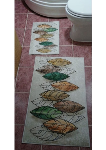 Yaprak Desenli Banyo Paspası ve Klozet Takımı, Kaymaz Tabanlı, 2'li Set