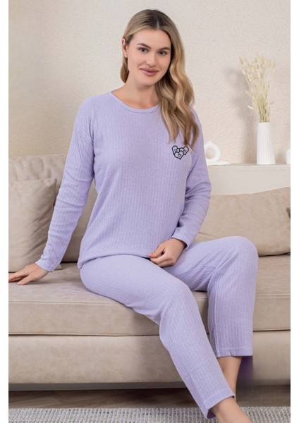 Kalın Kışlık Interlok Şeritli Uzun Kollu Örme Pijama Takımı