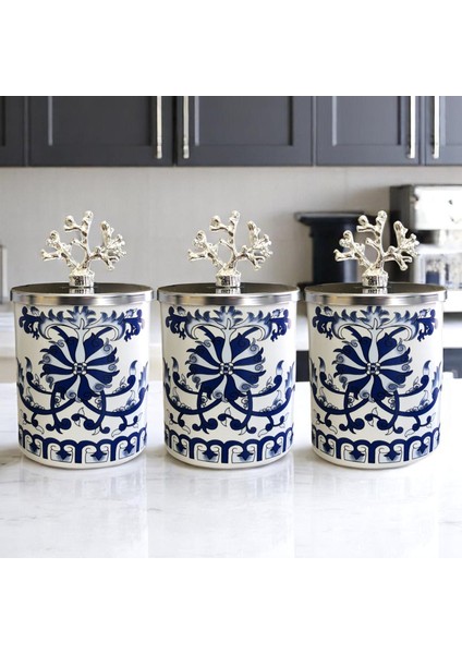 Baharatlık Silindir3 Lü Set Kahve Köşesi Mavi Çiçekli Gümüş Mercan 750 ml