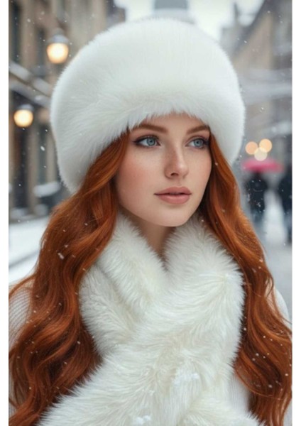 Kadın Kışlık Vegan Kürk Peluş Kalpak Şapka ve Atkı Seti modelleri