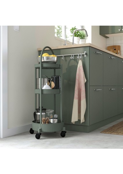Gri-Yeşil Servis Arabası, 86 cm Yükseklik, 36 cm Uzunluk ve Genişlik, 36 cm Çap modelleri