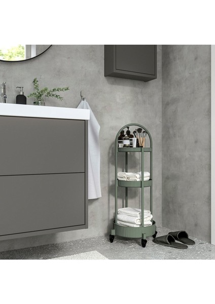 Gri-Yeşil Servis Arabası, 86 cm Yükseklik, 36 cm Uzunluk ve Genişlik, 36 cm Çap