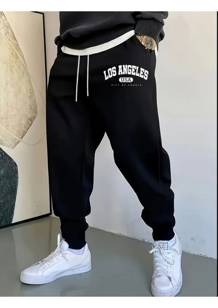 Punıx Büyük Beden Rahat Kalıp Los Angeles Baskılı Tam Kışlık Erkek Tarz Eşofman Altı