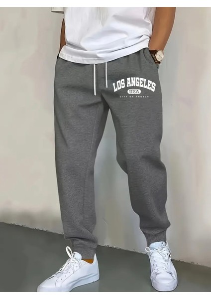 Punıx Büyük Beden Rahat Kalıp Los Angeles Baskılı Tam Kışlık Erkek Tarz Eşofman Altı