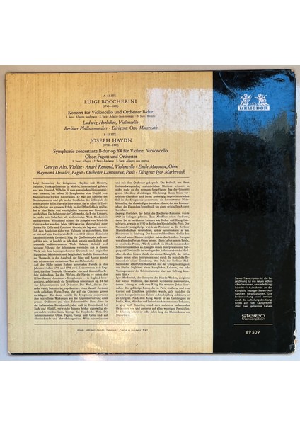 Luigi Boccherini Konzert Für Violoncello Und Orchester B-Dur Symphonie Concertante B-Dur Für Violine, Violoncello, Oboe, Fagott Und Orchester Lp Plak (Orijinal 1965 Dönem Baskı Plak) fiyatları